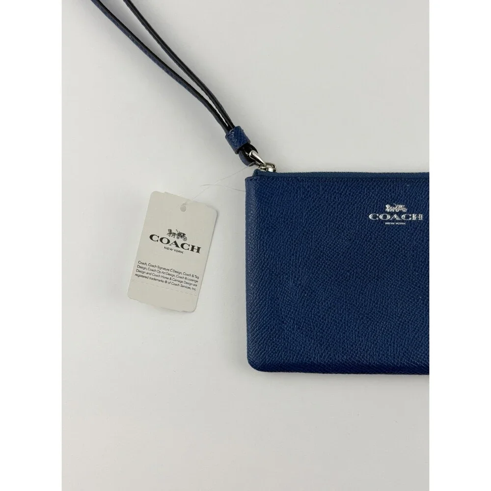COACH Midnight Blue Leather Corner Zip Wristlet Wallet w/ Strap Logo *NWT* $75